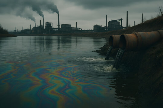 Industrial wastewater flowing from rusty pipes into polluted river with oily surface, stark environmental contamination and ecological crisis scene
