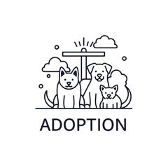 Naklejka premium Illustration of adoption pets with happy dogs and sunshine in simple linear style, adoption pets are waiting for loving home. Symbol adoption pets for help dog in shelter,