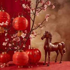 Red lanterns and paper fans with cherry blossoms create festive Chinese New Year decoration, sakura flowers 