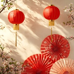 Red lanterns and paper fans with cherry blossoms create festive Chinese New Year decoration, sakura flowers 