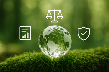 A glass globe on green moss in a forest with neon icons of a graph on a paper, balance scales, and a shield with a checkmark showing ecological financial reporting