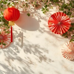 Red lanterns and paper fans with cherry blossoms create festive Chinese New Year decoration, sakura flowers 