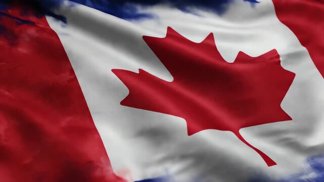 Extreme close up of silky fabric texture showing the abstract flowing merger of red white and blue patterns with the Canadian maple leaf design seamless, visual effect, flag details