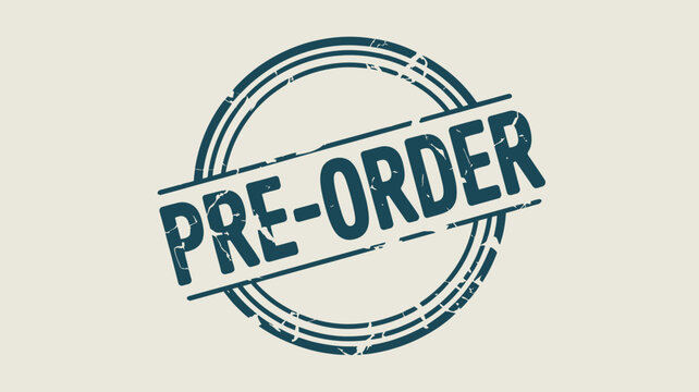A pre order text in blue color with a circle around it on a white background in a stamp style design