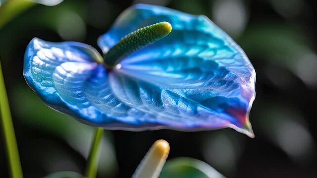 Extreme close-up in slow motion of iridescent blue anthurium petals shimmering and gently swaying in a calming, atmospheric setting close-up, relaxation, velvet