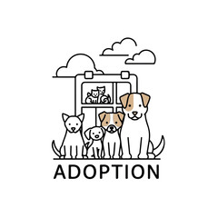Fototapeta premium Adoption pets are waiting in shelter with adorable animal faces, happy dogs and kittens behind window. Adoption pets in outline art offer companionship and love.