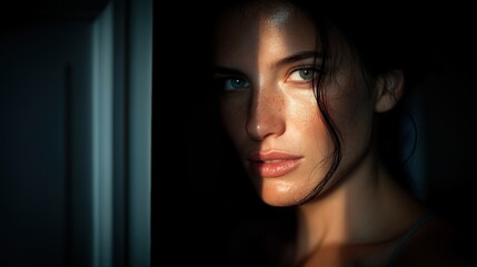 Cinematic portrait of beautiful woman's face with dramatic sliver of light and deep shadow