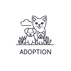 Fototapeta premium Adoption pets illustration showing dog, cat, and kitten in simple design. Adoption pets graphic portrays care and togetherness for family, friendship, and animal rights.