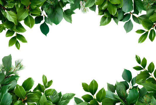 Greenery lush foliage leaves frame border botanical decoration against transparent backdrop template for text copy space 110 characters