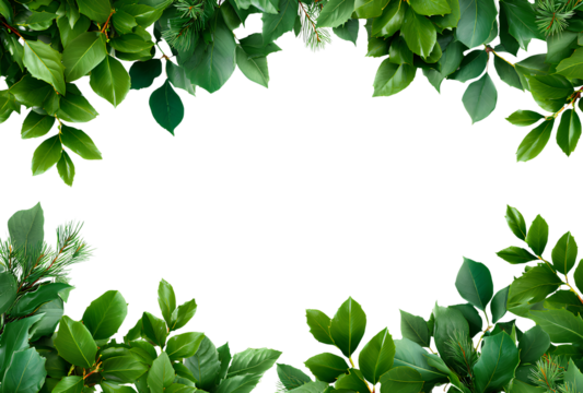 Greenery lush foliage leaves frame border botanical decoration against transparent backdrop template for text copy space 110 characters