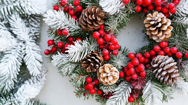 Close-up of festive Christmas wreath with frosted pine cones and red berries winter holiday decor