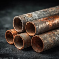 Pile of old rusty industrial steel pipes showing corrosion on dark textured background