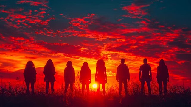 Friends watching sunset in nature. A group of friends stands silhouetted against a vibrant sunset, appreciating the beautiful colors of the sky.