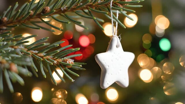 Extreme close-up slow motion shot of a tiny white minimalist ceramic Christmas ornament hanging from a simple branch with sparkling bokeh lights flickering subtly in the soft background flickeringligh