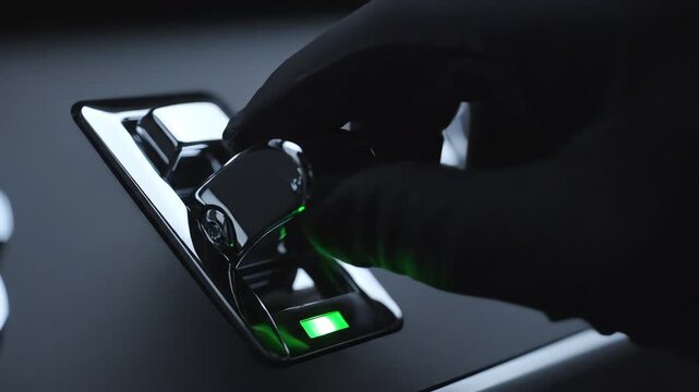 Extreme close-up slow motion shot of a smooth metallic lever mechanism being meticulously flipped to the crucial activation state metal, futuristic, pivot