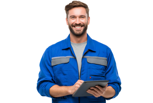 Happy construction worker with tablet wearing blue workwear in transparent background