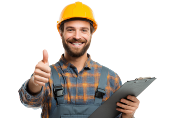 Happy Smiling Construction Worker Giving Thumbs Up Sign and Holding Clipboard Isolated on Transparent Background Good Job