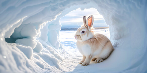 Rabbit sitting peacefully in snow tunnel with winter landscape outside  