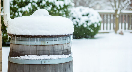 Wooden barrel for collecting waste water covered with snow in winter, outdoors