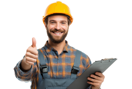 Happy Smiling Construction Worker Giving Thumbs Up Sign and Holding Clipboard Isolated on Transparent Background Good Job - Powered by Adobe