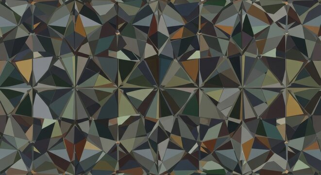 Abstract geometric mosaic pattern with diverse triangular facets in earth tones and muted colors