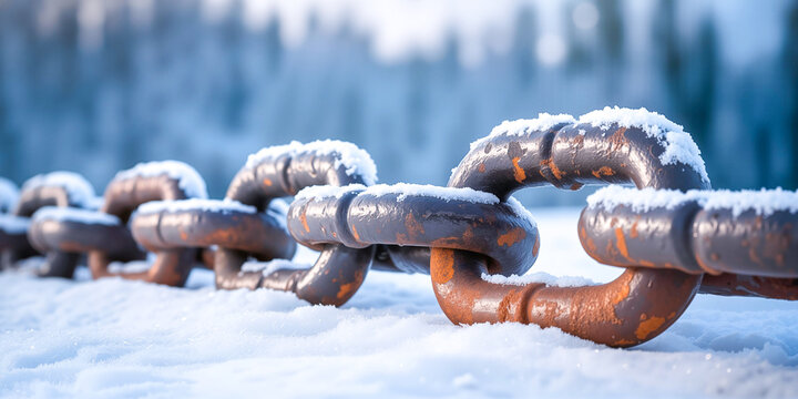 Snow covered anchor chain resting on frozen ground in winter  