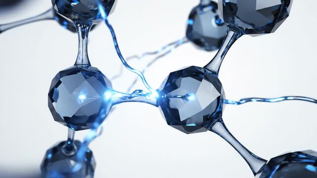 Extreme close-up slow motion visualization of glossy crystalline molecules subtly pulsing and linking together with glowing blue energy filaments against an isolated bright white canvas physics