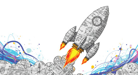 Hand drawn rocket ship blasting off with fiery exhaust and smoke, Generative AI.