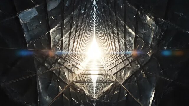 Extreme low angle view of dark architectural glass facade structure with precise geometric panels converging sharply towards a brilliant vanishing point on the distant horizon strong perspective