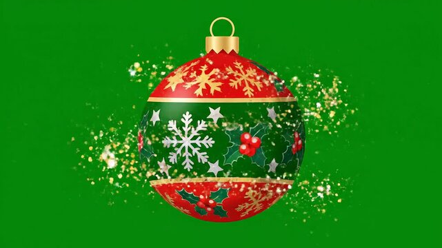 Christmas ornament decorative bauble rotating with sparkling dust animation against green screen