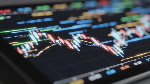 Extreme macro slow motion close-up on a vibrant digital tablet screen surface displaying glowing abstract financial ticker tape lines and streaming data updates abstract