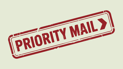 A red priority mail stamp with a border and an arrow on a slightly angled off white background