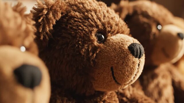 Extreme macro slow motion glide capturing the soft, textured brown fur and button eyes of several plush teddy bears aligned side-by-side in perfect formation stuffedanimal, series, innocence