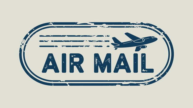 Air mail stamp with airplane and lines in blue on a light beige background in a distressed style