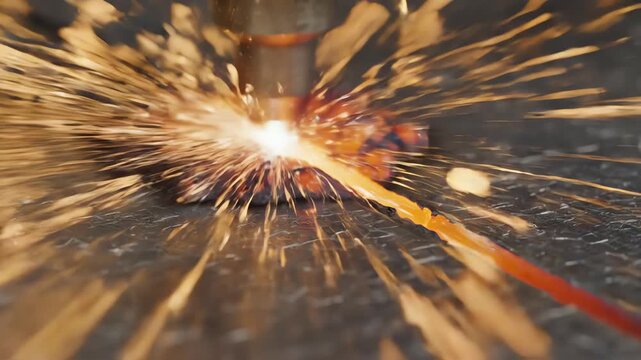 Extreme macro view showing the precise melting edge of galvanized steel during high-intensity laser ablation creating a trail of bright yellow sparks production line, corporate presentation
