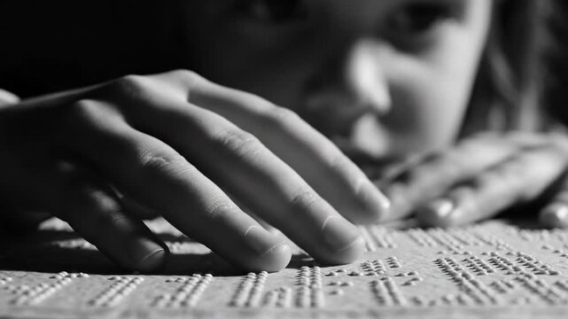 Person reading braille text with fingers close up