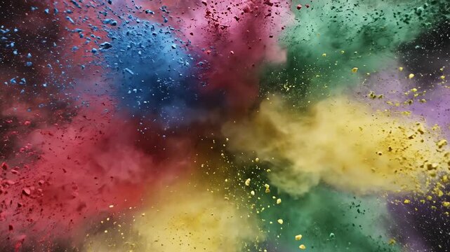 Extreme slow motion capture of five distinct colors exploding outward simultaneously in a chaotic and powerful radial burst of fine powder purple, advertising, impact