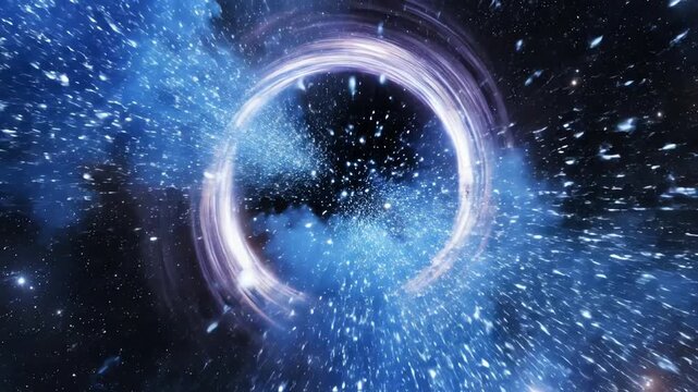 Extreme slow motion capture of glittering blue cosmic dust and glowing particles being drawn into a dark black hole style portal magnificence, background, blue light