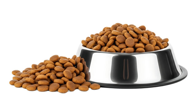 A stainless steel dog bowl filled with brown kibble and some spilled on the black background nearby