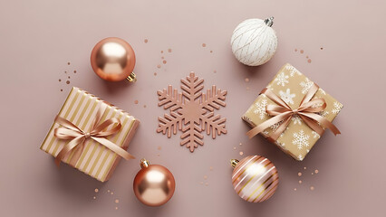 Elegant Christmas flat lay with rose gold gift boxes, decorative baubles, and a snowflake ornament on a dusty pink background