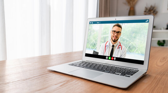 Doctor video call online by modish telemedicine software application for virtual meeting with patient