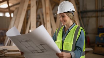 Confident female architect reviewing blueprints on a construction site, bringing vision to life with expertise and precision in a modern workspace
