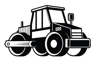 Simple black and white road roller offers a minimalist construction vehicle icon