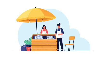 Fototapeta premium A flat vector illustration of two vendors selling fresh fish at an outdoor market stall under a large yellow umbrella.