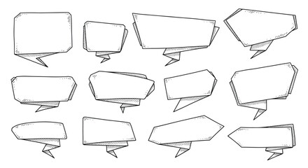 Obraz premium A collection of hand-drawn origami-style speech bubbles and banners with a sketchy texture for text and quotes.