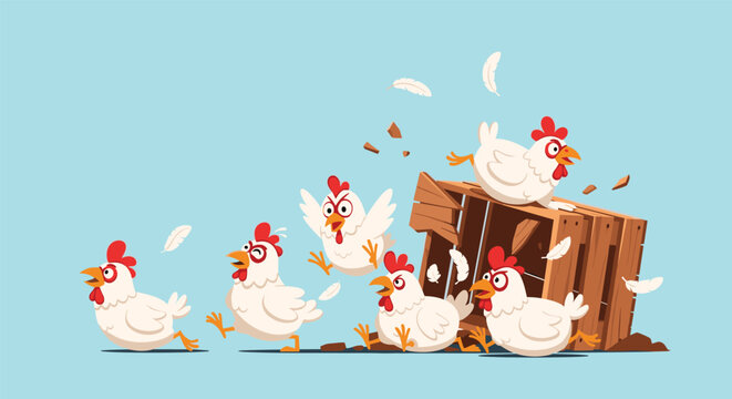 A funny cartoon illustration of frantic chickens escaping and running away from a broken wooden crate on a blue background.