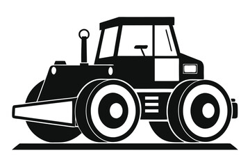 Black silhouette shows a road roller with rollers and cab on white