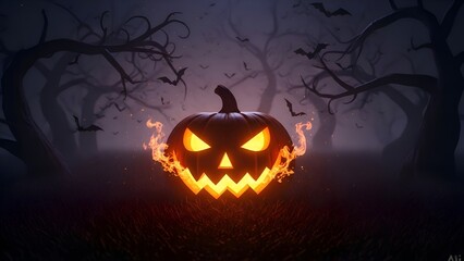 Fiery Jack-o'-Lantern in Spooky Forest with Bats, Halloween Night