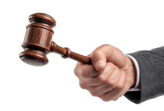 Holding wooden judge gavel in hand wearing suit on transparent background legal decision justice and authority 110 characters - Powered by Adobe
