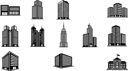 Set of Black Building Icons Representing City Skyline, Skyscraper, Real Estate, Corporate Office, Apartment, Government Institution, and Urban Architecture on White Background. © Masud World